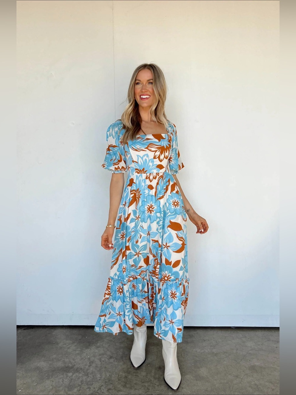 Vestique Hawaiian Escape Maxi Dress Blue Burnt Orange S